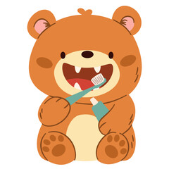 Flat vector illustration in a simple children's style. Cute bear smiling and holding a toothbrush. Oral hygiene. Vector illustration
