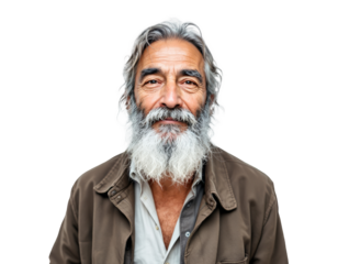 A close up portrait of a mature man with a long gray beard