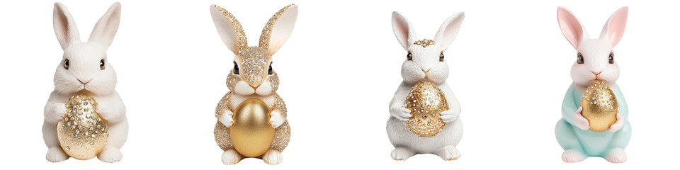 Obraz premium Adorable Glittered Easter Bunny Rabbits Holding Golden Eggs on White Background