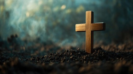 Wooden cross stands amidst dark earth, illuminated by soft, ethe