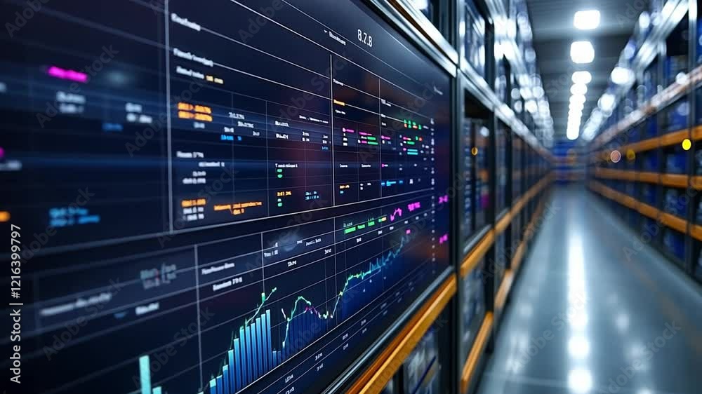 Poster data analytics dashboard in a modern data center showcasing real-time performance metrics