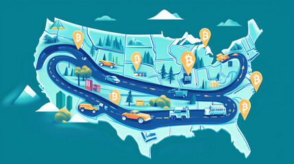 An illustrated composition of a U.S. road trip map with bitcoin marked