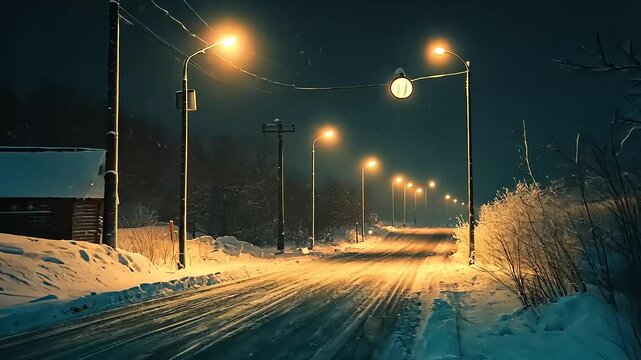Serene winter night scene featuring a snow-covered road illuminated by streetlights in a quiet setting