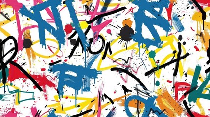 A vibrant abstract design featuring colorful graffiti-style brush strokes and splatters.