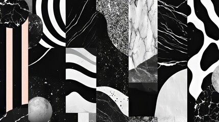Abstract Monochrome Geometric Patterns with Marble Textures and Bold Stripes