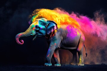 Vibrant elephant covered in colorful powders, embodying joy and