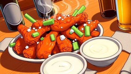 A Vibrant Mouthwatering Illustration of a Steaming Dish of Legs of Hen with Yogurt