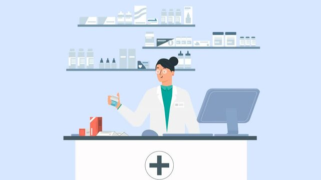 Female Pharmacist Assisting Customers - 2D Cartoon Animation