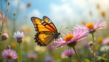 Obraz premium Monarch Butterfly on Pink Daisy in Softly Lit Meadow