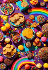 vibrant display colorful unhealthy snacks including sweets eye catching background, chips, candy, cookies, junk, food, treats, goodies, crackers, nuts