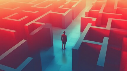 A lone figure navigating a colorful maze symbolizes challenges and decision-making.