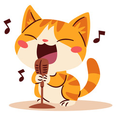Flat vector illustration in a simple children's style. Cute ginger kitten singing into microphone, notes . Vector illustration