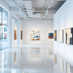 Modern Art Gallery Interior: A bright, minimalist art gallery showcases a diverse collection of modern paintings, with sleek white walls and floors reflecting the natural light.