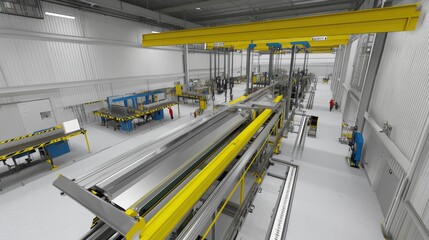 Fototapeta premium Factory interior, automated production line, metal processing, workers, industrial background, manufacturing illustration