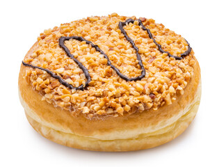 Nutty Donuts dough on White background,  Ring Donut with nut on top isolate on white background with clipping path.