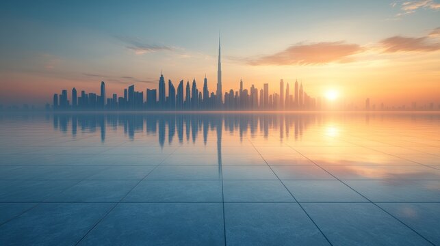 Cityscape sunrise reflection, desert, urban, travel brochure