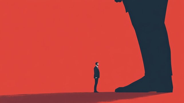 Small businessman facing giant boss silhouette  
