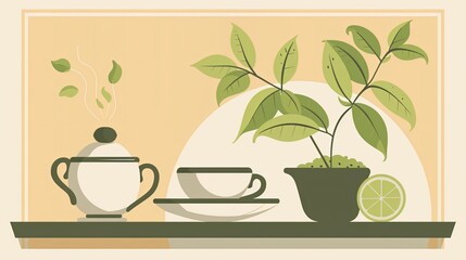 Green Tea in Box Flat Vector Illustration