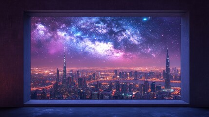 Cityscape Night View, Galaxy Window, Room, Dream