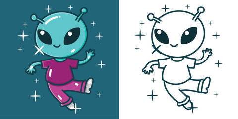 A cute alien cartoon illustration for a sticker, design element, or coloring book element