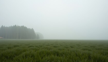 Serene Countryside Scene Shrouded in Mist: Lush Meadow, Tall Trees, and Distant House on Vibrant Green Grass