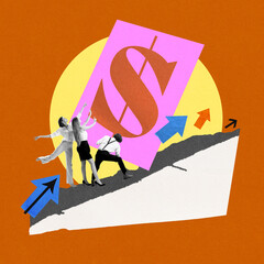 Team climbing slope with dollar sign, symbolizing efforts towards achieving financial success....
