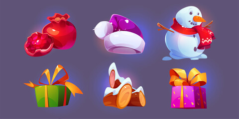 Snowman, Christmas gifts, Santa hat. Set of winter objects on dark background. Cartoon Vector