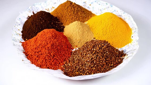 360-degree video circles around a display of freshly ground spices, high key lighting, arranged in neat piles on white paper, all colors are vivid