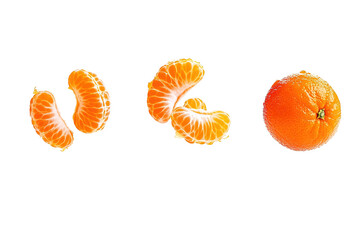 Three oranges are shown in different stages of being peeled. ,on transparent background.