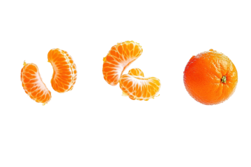 Three oranges are shown in different stages of being peeled. ,on transparent background.