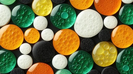 Colorful spherical objects with bubbly texture, spread across a flat surface. Possible background.