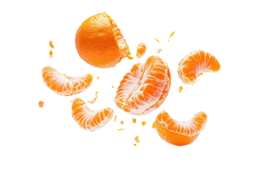 Three oranges are shown in different stages of being peeled. ,on transparent background.