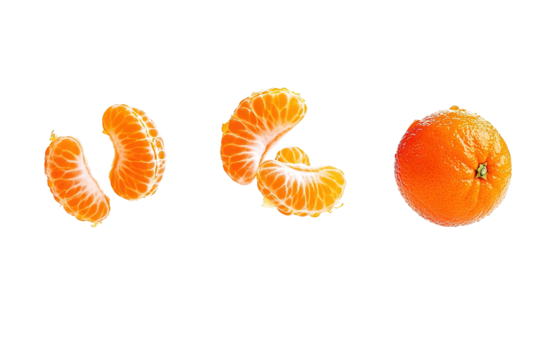 Three oranges are shown in different stages of being peeled. ,on transparent background.