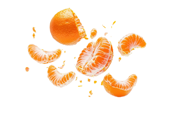 Three oranges are shown in different stages of being peeled. ,on transparent background.