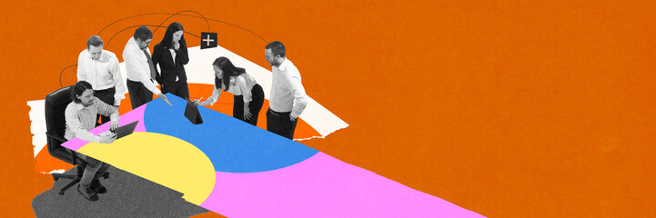 Team meeting around colorful table, analyzing data and discussing business strategies in a modern workplace. Conceptual art collage. Brainstorm. Concept of teamwork, collaboration, achievement