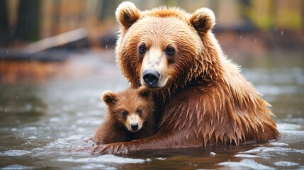 Obraz premium Grizzly bears enjoy a quiet moment in a serene forest pond during gentle rain. Generative AI