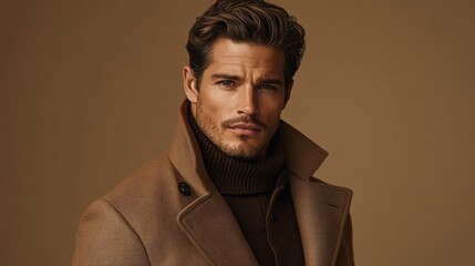 Obraz premium A handsome european man in mocha mousse coat, trendy pantone 2025