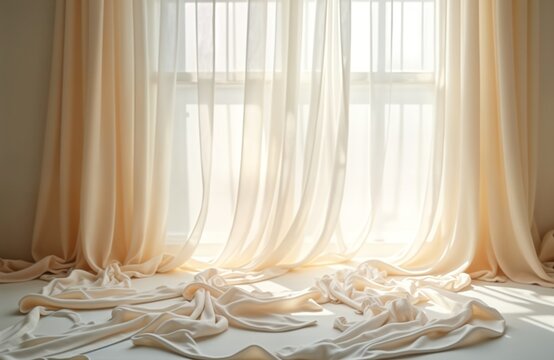 Luminous room with sheer white drapes. Sunlight streams through window creating soft glow. Drapes cascade gently over floor. Elegant, serene ambiance perfect for maternity wedding photoshoots.