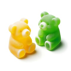 Colorful gummy bears in yellow and green sit side by side, showcasing playful textures and shapes
