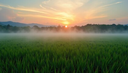Obraz premium Serene Sunrise Over Lush Green Rice Field: Golden Hues and Vibrant Sky Colors