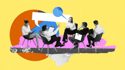 Team members sitting with speech bubbles and actively discussing ideas. Analytics, brainstorming...