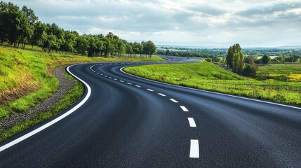 Winding country road through lush green landscape on a cloudy day