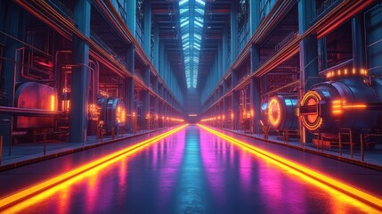 Obraz premium Futuristic industrial interior with neon lights and symmetrical architecture