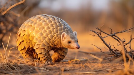 Obraz premium Pangolin walking through a sandy landscape at sunset showcasing unique scales and natural habitat