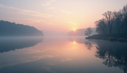Obraz premium Serene Sunrise Over Misty Lake: High-Resolution Tranquil Scene
