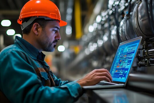 Industrial engineer working on laptop in a factory setting - Powered by Adobe