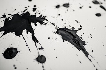 Black ink splatters cover a white surface, showcasing a mix of random shapes and sizes. The stark...