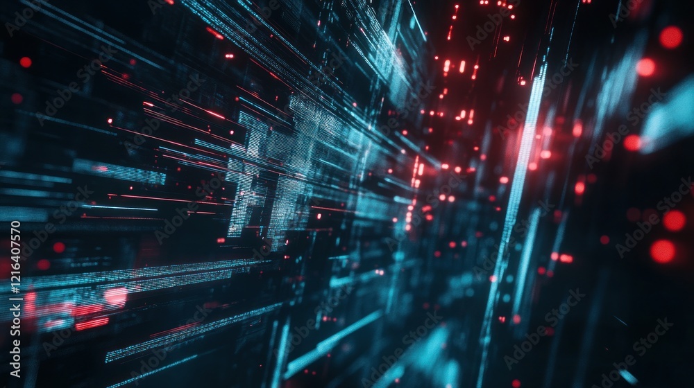 Poster abstract technology background with glowing lines and dots representing data flow