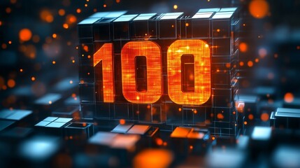 Glowing Orange Digital Number One Hundred on Futuristic Abstract Background Celebrating Achievement