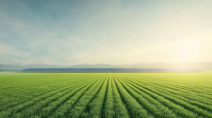 Vast green field with solar panels against a mountain sunrise